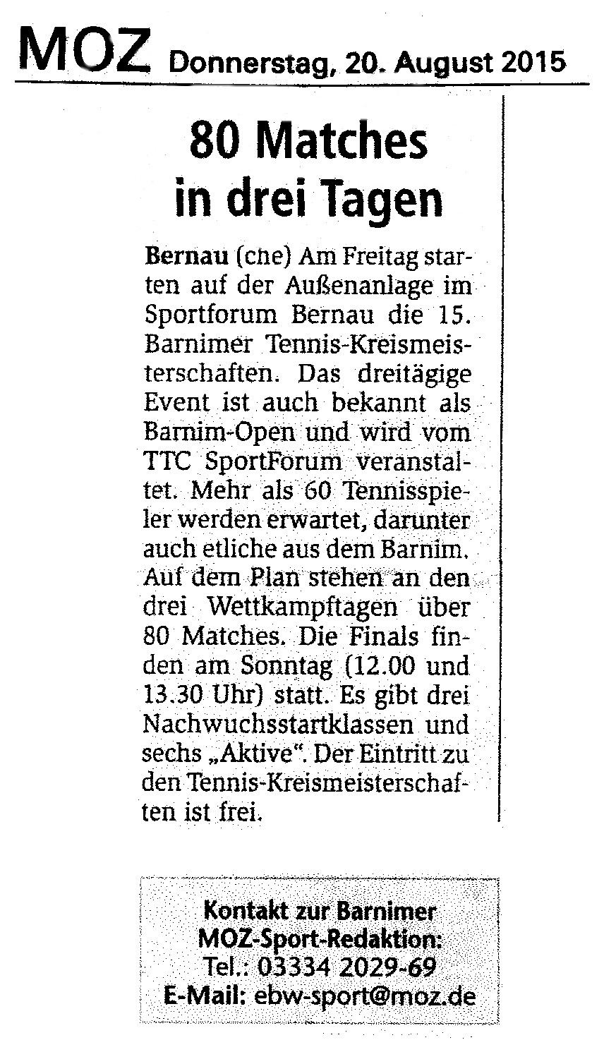 Ankündigung Barnim Open 2015 in der MOZ